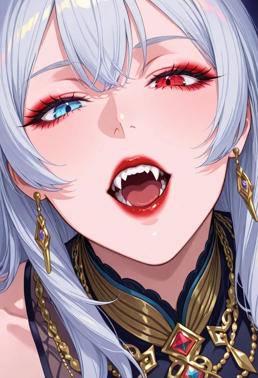 (8k resolution, absolute masterpiece, ultra detailed, best quality, masterpiece, colorful, highest detailed), (intricate details), (dynamic angle), Stunning illustration of Luminous Valentine,Heterochromia, red left eye, blue right eye ,vampire, long silver hair, bangs, earrings and elaborate necklaces, egyptian eyeliner, red lips, fangs, direct sensual gaze, erotic, sexy, close up, silhouetted in moonlight, detailed eyes<lora:add-detail-xl:-1.5>