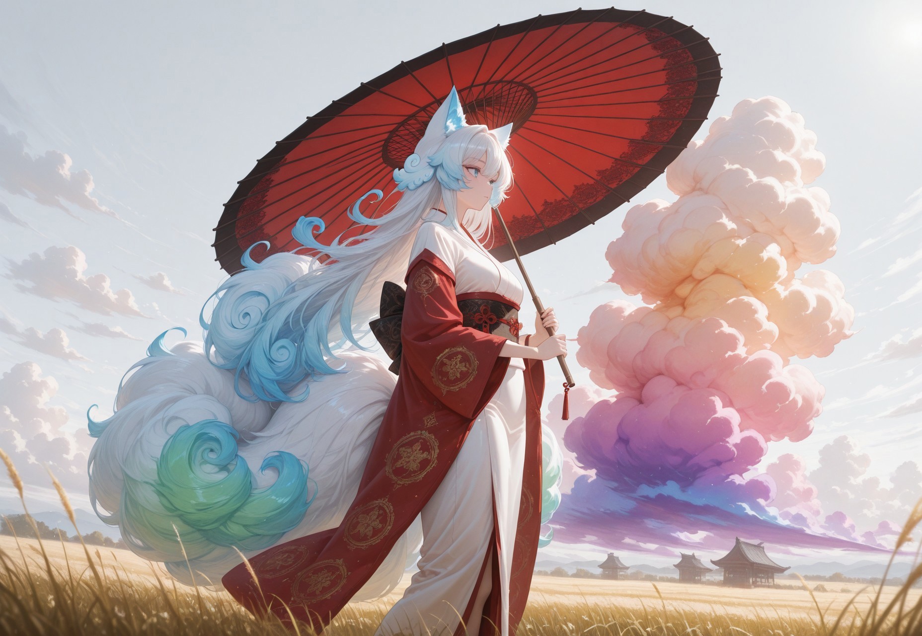 masterpiece, best quality, absurdres,anime style,detailed eyes,
1 female solo,((((Cloud hair)))),long hair,blue eyes,kitsune tails,white kimono,red sleeves,golden embroidery,
wide shot,from side,feet out of frame,low angle,
looking to the left,sun umbrella,washi umbrella,multicollored umbrella,red umbrella,black umbrella,walking along rye field,

white background, ((((huge fluffy Clouds)))),((((rainbow gradient cloud))))