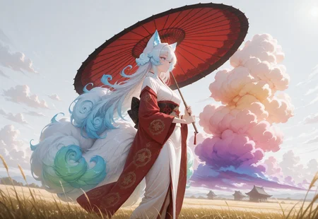 masterpiece, best quality, absurdres,anime style,detailed eyes,
1 female solo,((((Cloud hair)))),long hair,blue eyes,kitsune tails,white kimono,red sleeves,golden embroidery,
wide shot,from side,feet out of frame,low angle,
looking to the left,sun umbrella,washi umbrella,multicollored umbrella,red umbrella,black umbrella,walking along rye field,

white background, ((((huge fluffy Clouds)))),((((rainbow gradient cloud))))