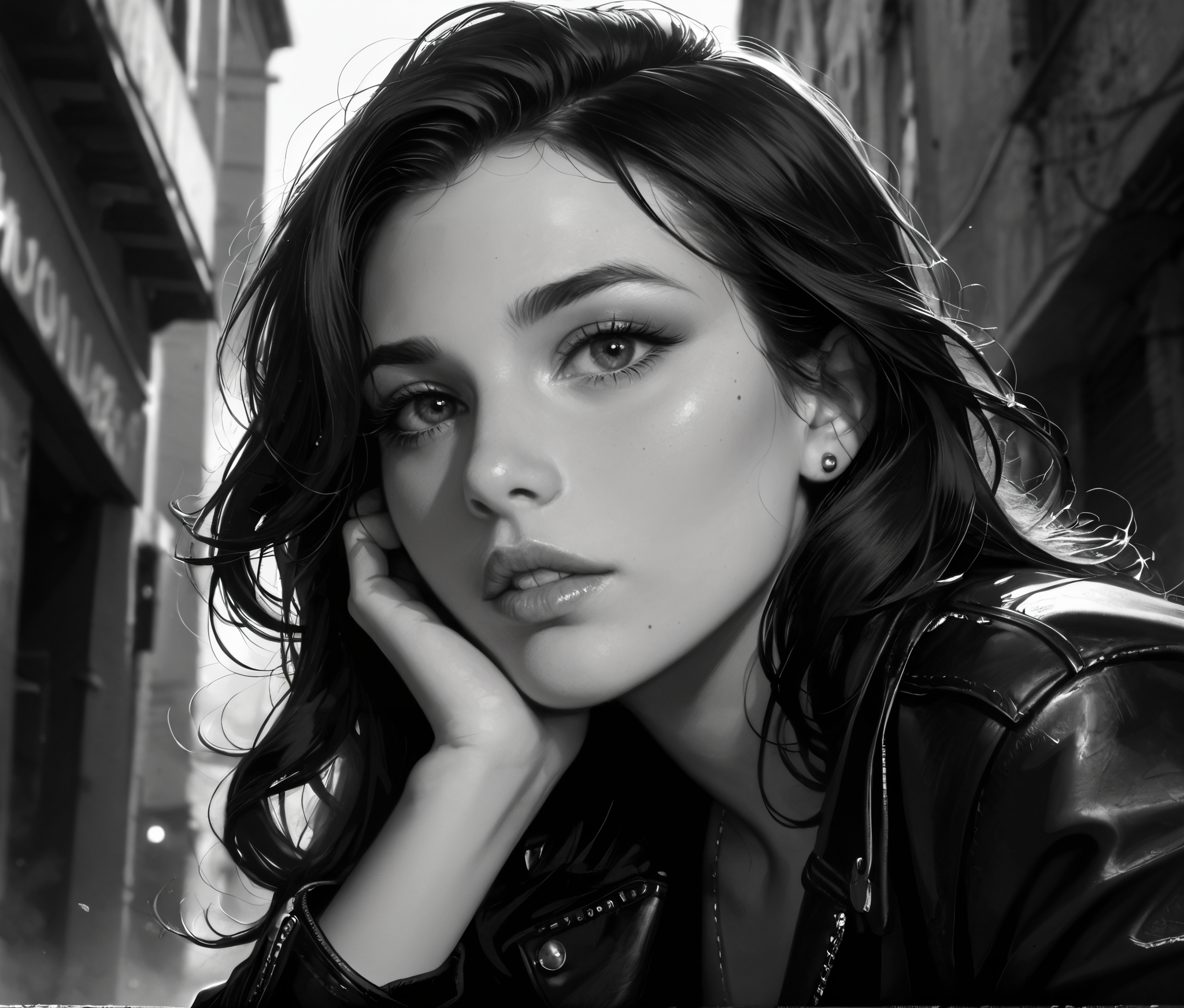 Expressiveh,score_9, score_8_up, score_7_up, realistic, Dramatic angle, medium close up, A moody black and white portrait of a beautiful young woman with a ((square face , round jaw, high cheek bones)) , parted lips, mascara, sitting on a concrete ledge in an urban setting, surrounded by weathered stone walls and rough textures. She wears a black leather jacket and a short skirt, with glossy black high heels. Her pose is introspective and edgy, as she gazes directly into the camera with a bold, intense expression. Her long wavy hair falls naturally across her face, adding to the raw, emotional atmosphere. The environment has a grunge aesthetic, with natural shadows, high contrast lighting, and a timeless cinematic quality. Shot with a shallow depth of field, editorial fashion photography style, high-resolution details in fabric and skin texture, (black and white:1.7), urban grunge, edgy fashion, emotional portrait, natural pose, film noir vibe, leather aesthetic, minimalist background.<lora:Expressive_H:0.9> <lora:add-detail-xl:1.5><lora:dark:0.3>