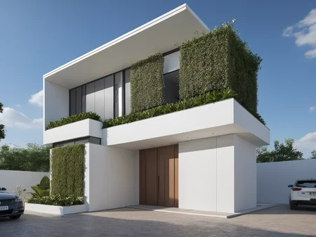 Architectural style Architectural style,    <lora:JJsMInimalistStyleHouse_XL:1>, ((MInimalist Style House)),(masterpiece) , ((best quality)), dramatic lighting, high quality outdoors, sky, day, cloud, tree, blue sky, building, scenery, road, real world location,  sunlight, enough detail, high resolution,super realistic, Photorealistic, highly detailed, balcony, plants, door, car,  paving, , architectural drawing, highly detailed  , . Clean lines, geometric shapes, minimalist, modern, architectural drawing, highly detailed