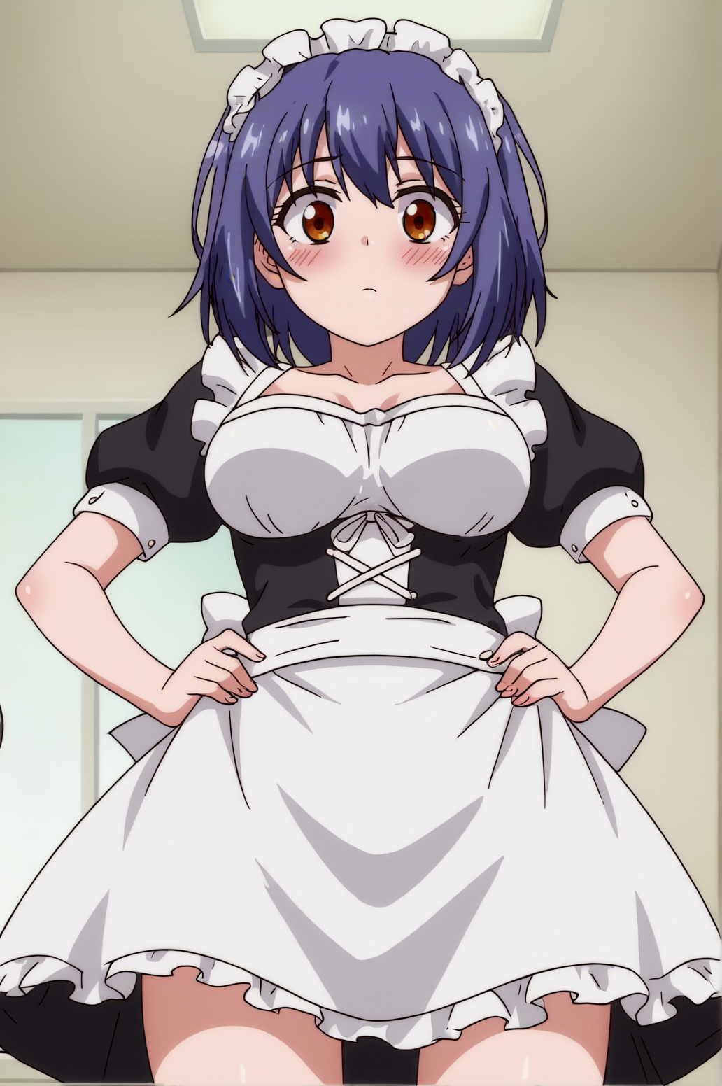 score_9, score_8_up, score_7_up,anime_source, source_anime, best background, detailed background, anime screencap   Suzu, maid costume, indoors, blush, shy, hands on hips, standing, from below,   <lora:JN_Suzu_Pony:0.8>