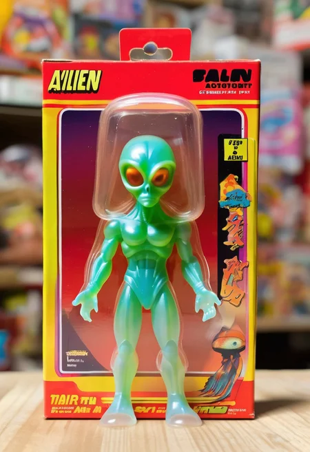 <lora:1987 Action Figure Playset Packaging:1>1987 Action Figure Playset Packaging - A product photo of a 1970s japanese toy clear alien figure in front of packaging