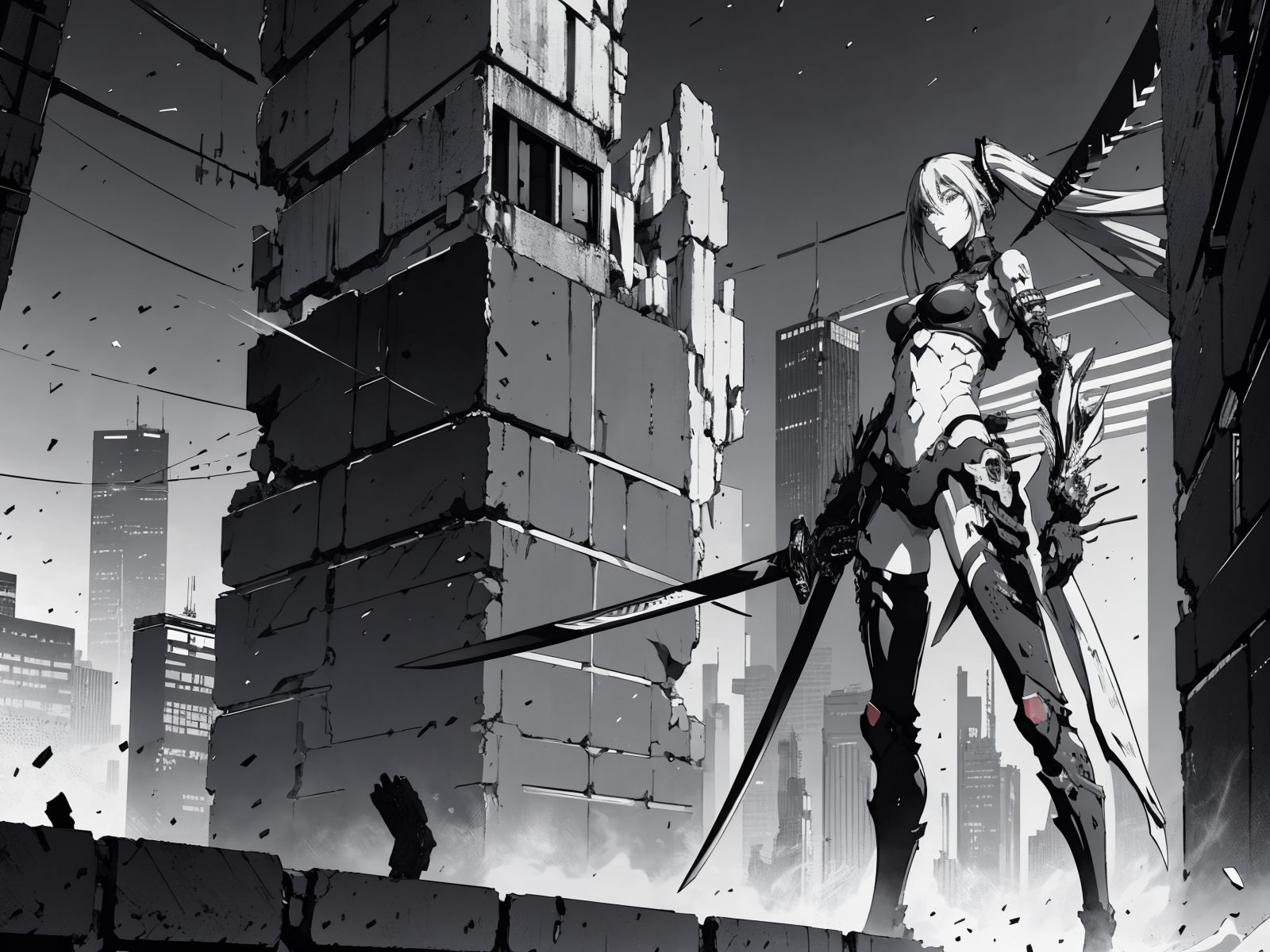 Hatsune Miku destroy the wall with katana sword, moment of impact, megastructure in background, futuristic, cyberpunk, author Tsutomu Nihei, screentones, greyscale, intricate details, b&w, dynamic pose, dynamic angle, asymmetrical composition, epic, vast scenery, city ruins, cables, tubes, <lora:blame5:0.64>, blm