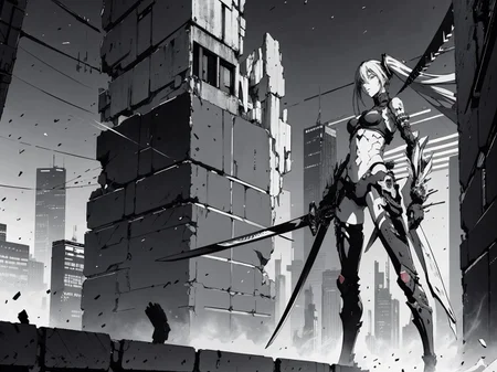 Hatsune Miku destroy the wall with katana sword, moment of impact, megastructure in background, futuristic, cyberpunk, author Tsutomu Nihei, screentones, greyscale, intricate details, b&w, dynamic pose, dynamic angle, asymmetrical composition, epic, vast scenery, city ruins, cables, tubes, <lora:blame5:0.64>, blm