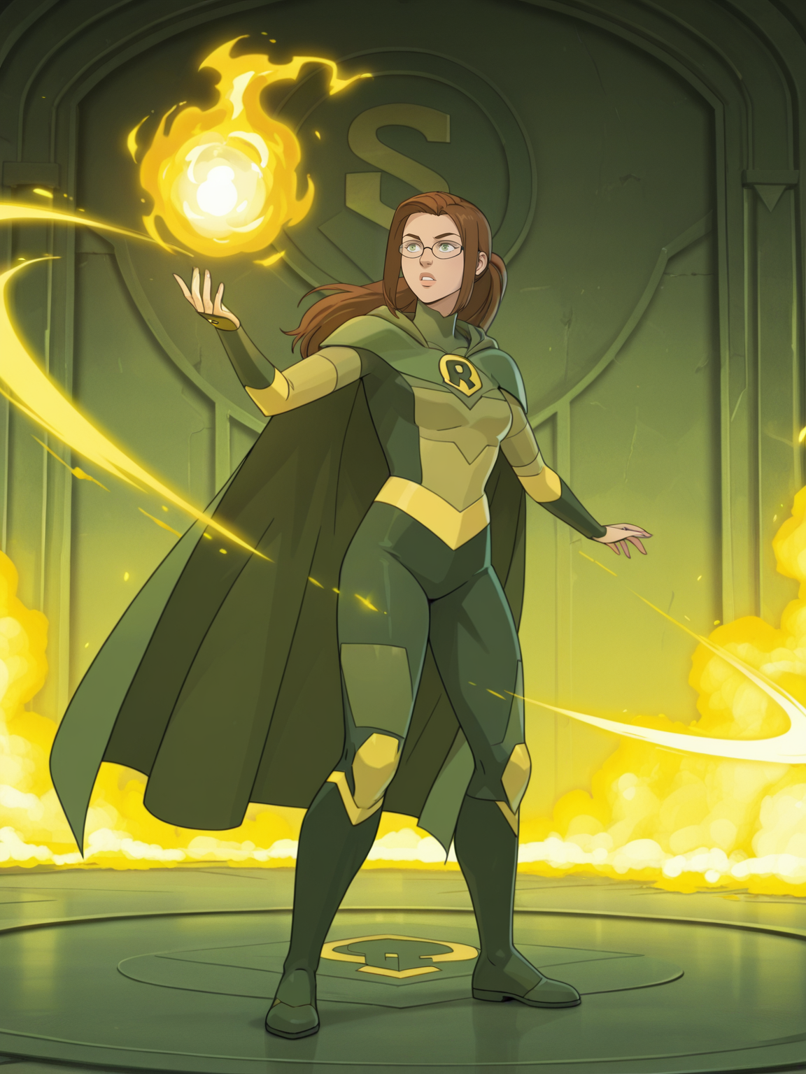 <lora:Shrinking_RaeIL:0.8> s_r, 1girl, brown hair, ponytail hair, green eyes, glasses,
magic, magic robe, steel armor,glowing liens, fireball, action, full body, glowing background, magic background