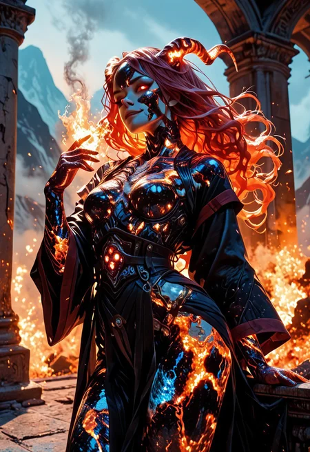 highres, very detailed, amazing quality, masterpiece,
very aesthetic, warm lighting, sp4ce-g0dd3ss,
particle effect,
1girl, beautiful eyes, goddess, goddess of fire, lava skin, burning, smoldering, flaming horns, strong face, solo, red hair, orange tips, long hair, wavy hair, (wind blows hair up), glowing eyes, red eyes, smoke rising from eyes, small breasts, slender, robe, black robe with red trim,
temple, mountain
slavic theme, goddess theme, fire theme,
looking at viewer, standing flirty, dynamic pose, cowboy shot,
seducing, seductive, flirty, tender, loving, playful, cocky smirk, cocky,
fire around her