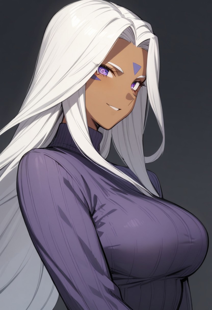 1girl, (Urd, dark-skinned female), smile, ribbed sweater, cowboy shot, simple background, (high resolution), ((masterpiece)), (great quality), (very aesthetic), aesthetic, detailed face, detailed eyes