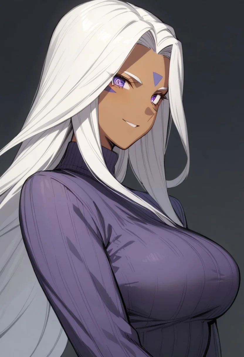 1girl, (Urd, dark-skinned female), smile, ribbed sweater, cowboy shot, simple background, (high resolution), ((masterpiece)), (great quality), (very aesthetic), aesthetic, detailed face, detailed eyes