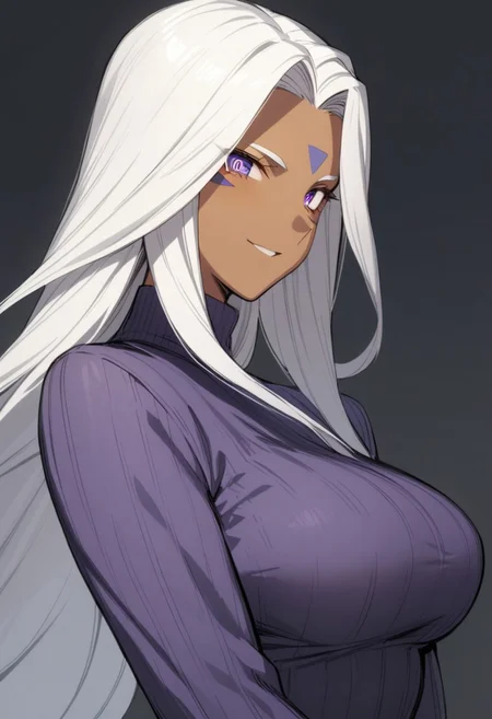 1girl, (Urd, dark-skinned female), smile, ribbed sweater, cowboy shot, simple background, (high resolution), ((masterpiece)), (great quality), (very aesthetic), aesthetic, detailed face, detailed eyes