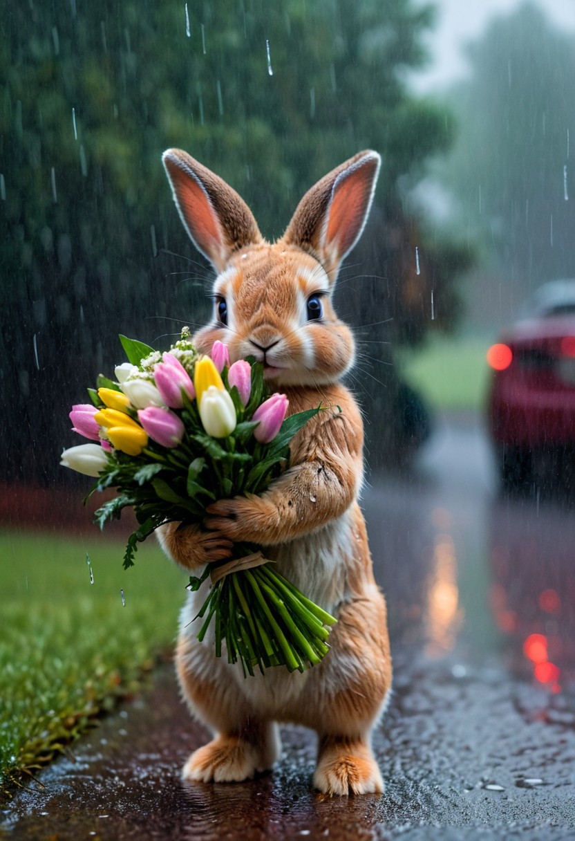 Baby bunny holding a bouquet of flowers in the rain advntr