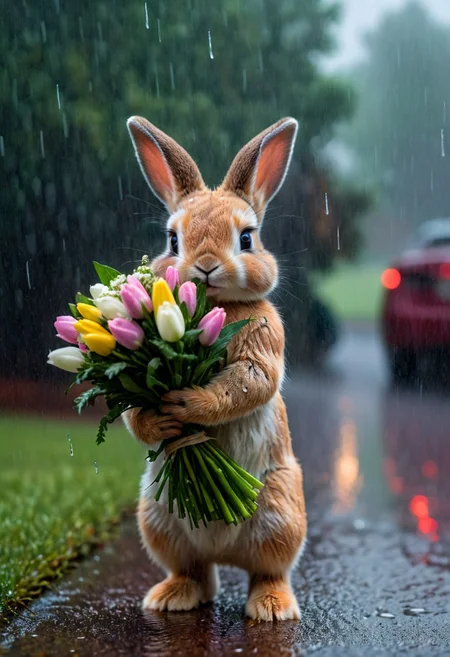 Baby bunny holding a bouquet of flowers in the rain advntr