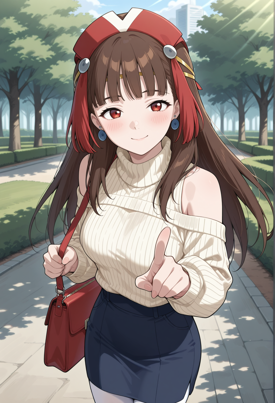 1girl, long hair, brown hair, red eyes, headdress, circlet, earrings, jewelry, turtleneck sweater, bare shoulders, long sleeves, pencil skirt, white pantyhose, shoulder bag, smile, blush, pointing at background, outdoors, park, dappled sunlight,  smile <lora:kiara_samurai_7:1>, masterpiece, best quality, amazing quality, very aesthetic, absurdres, highres, newest