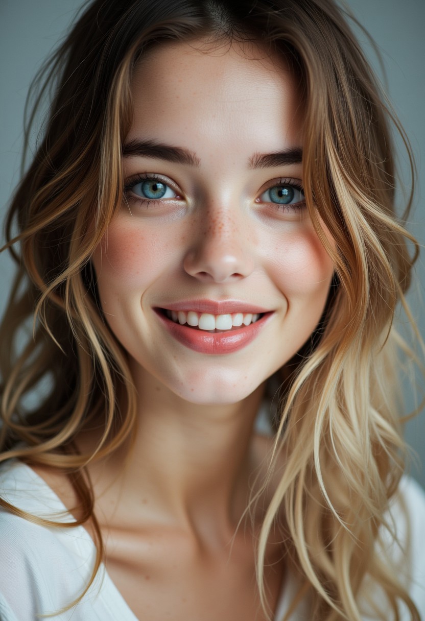 An incredibly detailed perfection style photoshoot of a stunningly beautiful 18 year old Swiss girl with flawless model-like facial features, flawless light pale skin, brownish blonde hair, blue eyes, youthful innocent charm, minimal makeup, and large captivating eyes that exude a sense of strength and innocence. She is ecstatic and has a huge maniacal smile. Her eyes are unnaturally large and colorful.  Her eyes are absurdly large, detailed, and colorful. Her skin is facial skin is perfectly smooth and featureless.