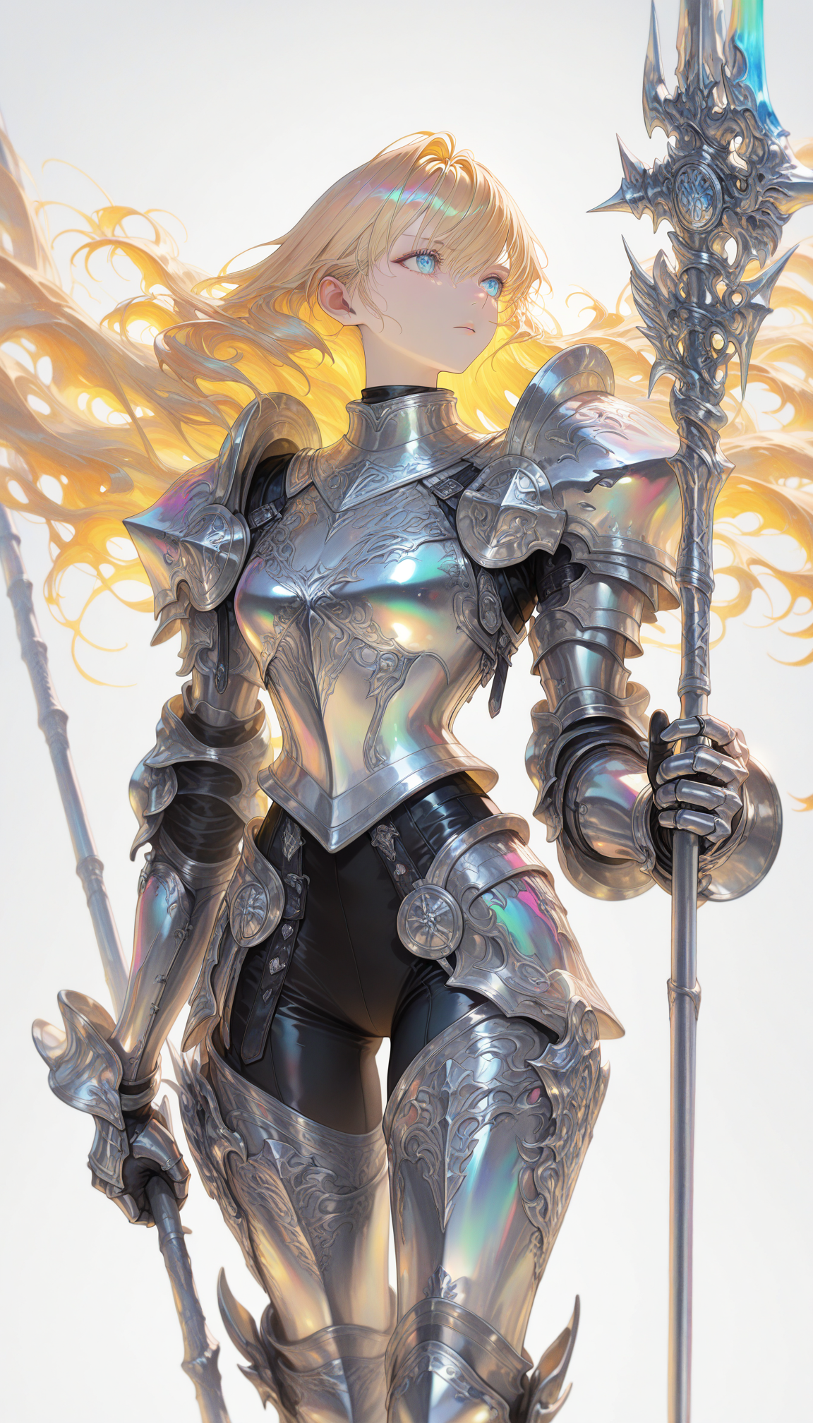 1girl, solo, dragoon \(final fantasy\), final fantasy, sensitive, blonde hair, long hair, gauntlets, pauldrons, silver armor, greaves, holding polearm, spear, qxys,
cowboy shot, official art, white background, simple background, holographic color,
masterpiece, best quality, amazing quality, very aesthetic, absurdres, ultra-detailed, newest,