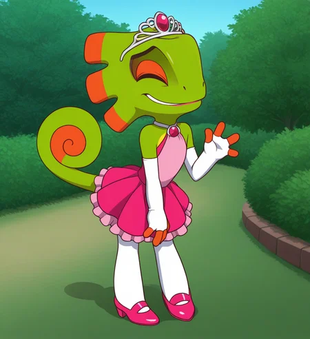 high resolution, best quality, 4k, cel shading, eyes closed, nervous smile, waving to viewer, male, crossdressing, pink dress, white elbow gloves, tiara, pink lipstick, white leggings, pink high heels, park background, <lora:Yooka_-_Yooka-Laylee_-_IL:1> y00k4, scalie, chameleon, ear frills, tail, curled tail, 4 fingers, multicolored body, green skin, orange highlights