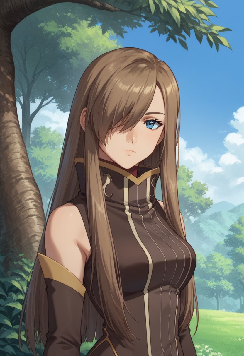 score_9, score_8_up, score_7_up, source_anime, highly detailed,    
teagrant, 1girl, solo, long hair, brown hair, blue eyes, dress, brown dress, high collar, gloves, hair over one eye, detached sleeves, upper body, pantyhose,
outdoor, sky, trees,
