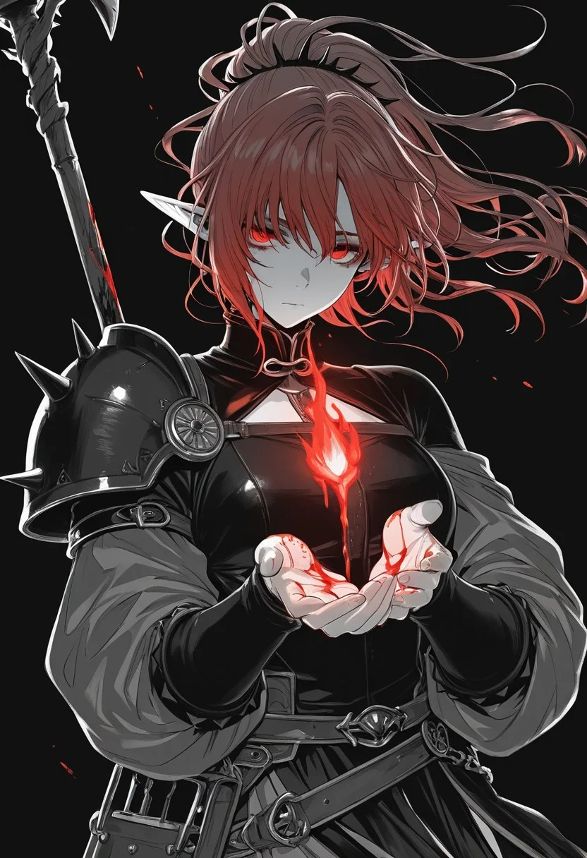 "1girl, bangs, black background, blood, closed mouth, dress, floating hair, greyscale, long hair, long sleeves, looking at viewer, monochrome, simple background, solo, thorns, ponytail, red hair, elf, blacksmith, leather armor, blood flame, red blood eyes, carry monk staff, hands open with blood-red flames emerging from palms"
<lora:RavenScript :1>