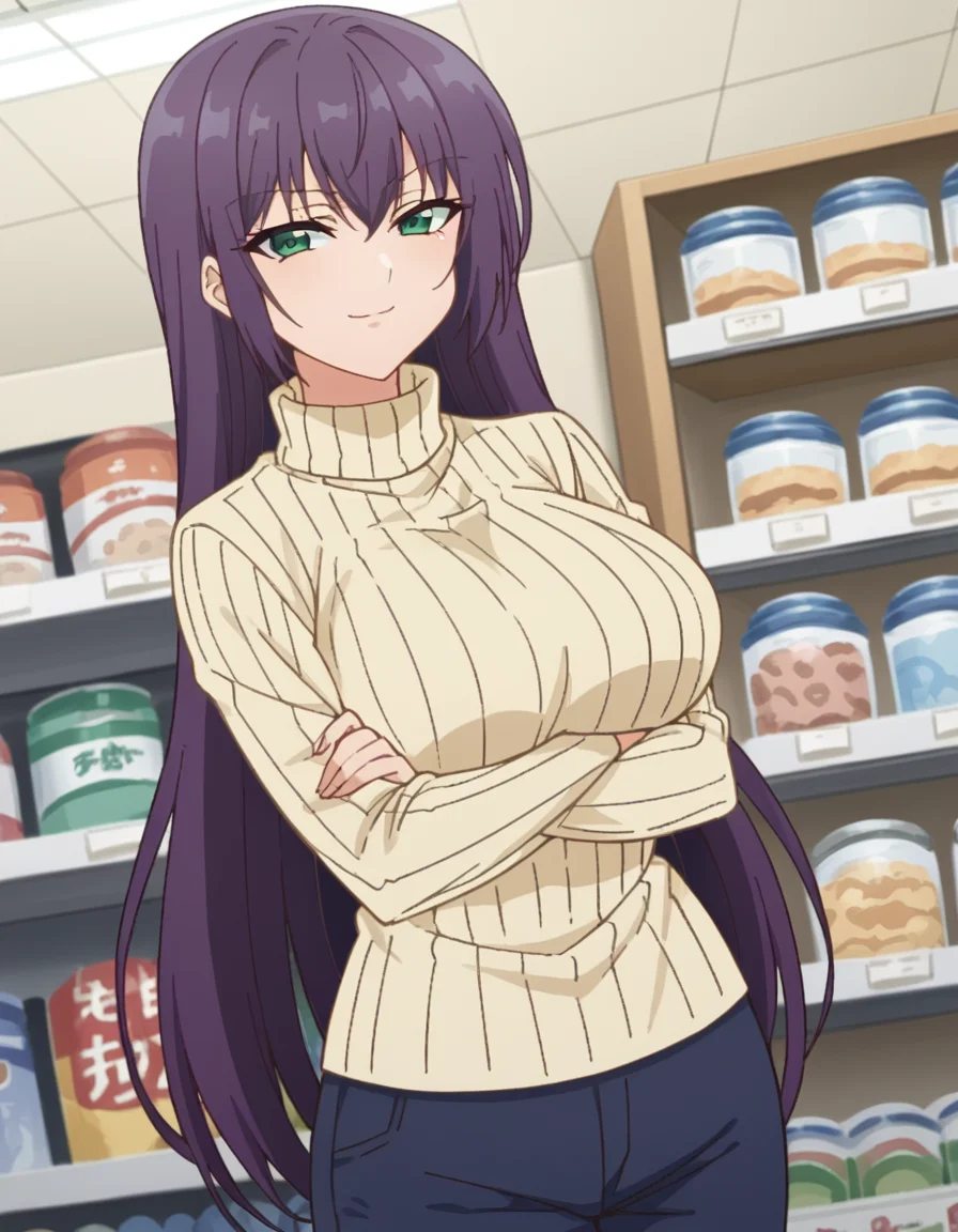 score_9, score_8_up, score_7_up, source_anime, <lora:yutaka-shinozaki-s1-ponyxl-lora-nochekaiser:1>, yutaka shinozaki, long hair, bangs, very long hair, green eyes, purple hair,, large breasts, mature female, long sleeves, pants, sweater, turtleneck, ribbed sweater, turtleneck sweater, blue pants, white sweater, weapon shop, weapons, display, store, items, , crossed arms, smug, looking at viewer, solo,, dutch angle, cowboy shot