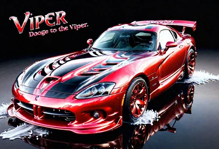 RED LIQUID METAL Dodge Viper car, Races through SILVER LIQUID METAL , liquid metal sprays up from the cars tyres, Car drifting in a black void,  Painstaking Attention To Details, (wording above the car say's "VIPER")