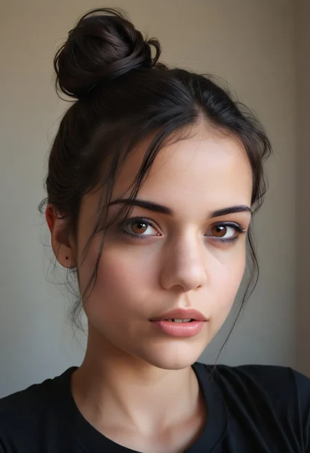 realistic, 23yo girl, 1 top bun black hair, brown eyes, UHD, photorealistic, best quality, masterpiece, 16K, cinematic