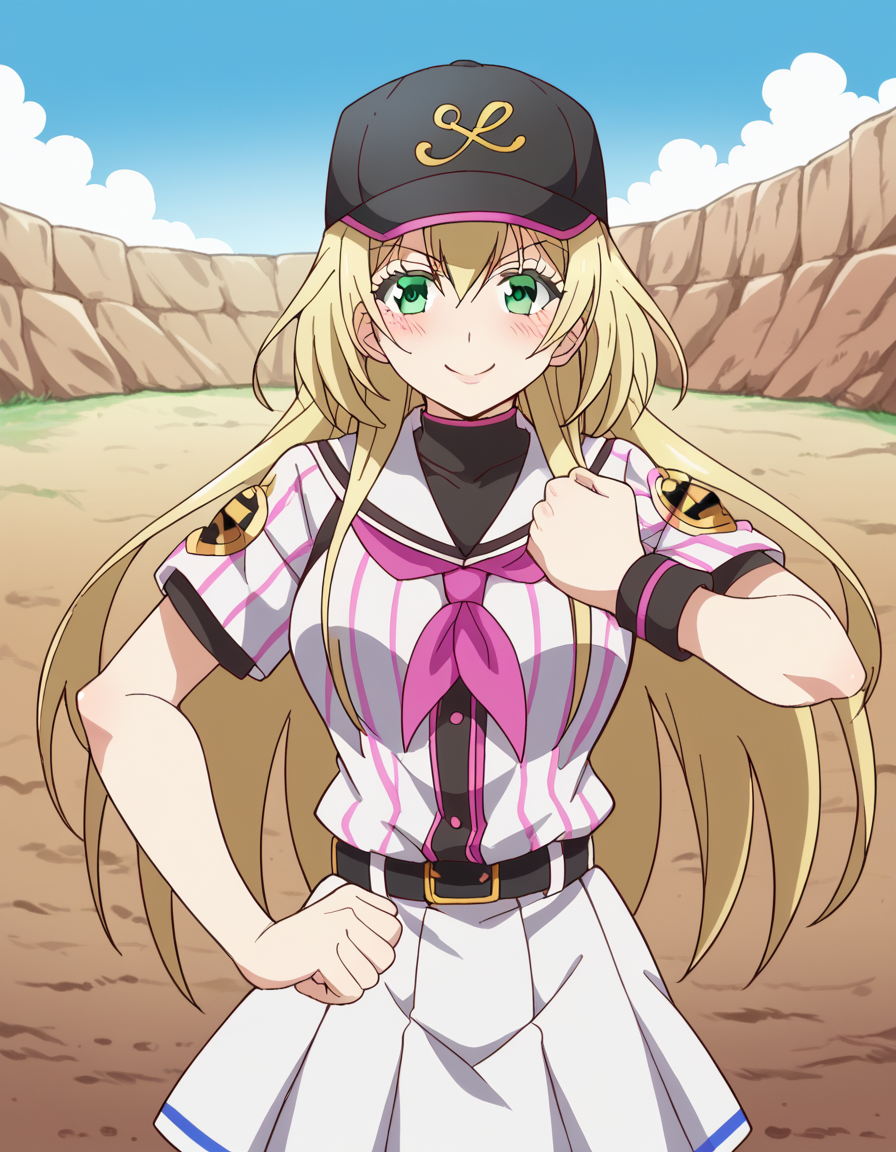 score_9, score_8_up, score_7_up, source_anime, <lora:yuki-nozaki-s1-ponyxl-lora-nochekaiser:1>, yuki nozaki, long hair, blonde hair, hair between eyes, green eyes, sidelocks,, skirt, shirt, hat, short sleeves, pleated skirt, striped, belt, sailor collar, neckerchief, black headwear, white skirt, baseball cap, vertical stripes, black belt, striped shirt, sportswear, vertical-striped shirt, baseball uniform,, canyon, cliffs, desert, rocky, open, smile, <lora:giorno-giovannas-pose-ponyxl-lora-nochekaiser:1>, giorno giovannas pose, giorno giovanna's pose (jojo), jojo pose, hand up, arm up, clenched hand, hand on waist, blush, shirt, smile, bed room, cowboy shot, looking at viewer, solo,, dutch angle, cowboy shot