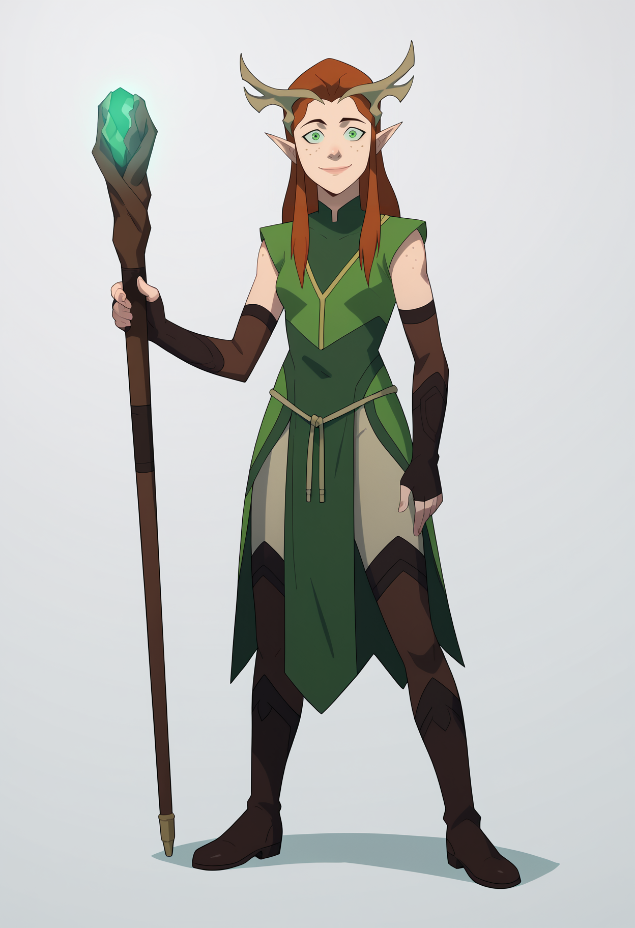 score_9, score_8_up, score_7_up, BREAK,
1girl, keyleth, ginger hair, green eyes, long hair, pointy ears,
antlers crown, freckles,
fingerless elbow gloves, green short robe, thighhighs, boots,
holding staff,
full body, standing, smile, solo, looking at viewer, simple background, white background    <lora:KeylethPDXL_byKonan:1>