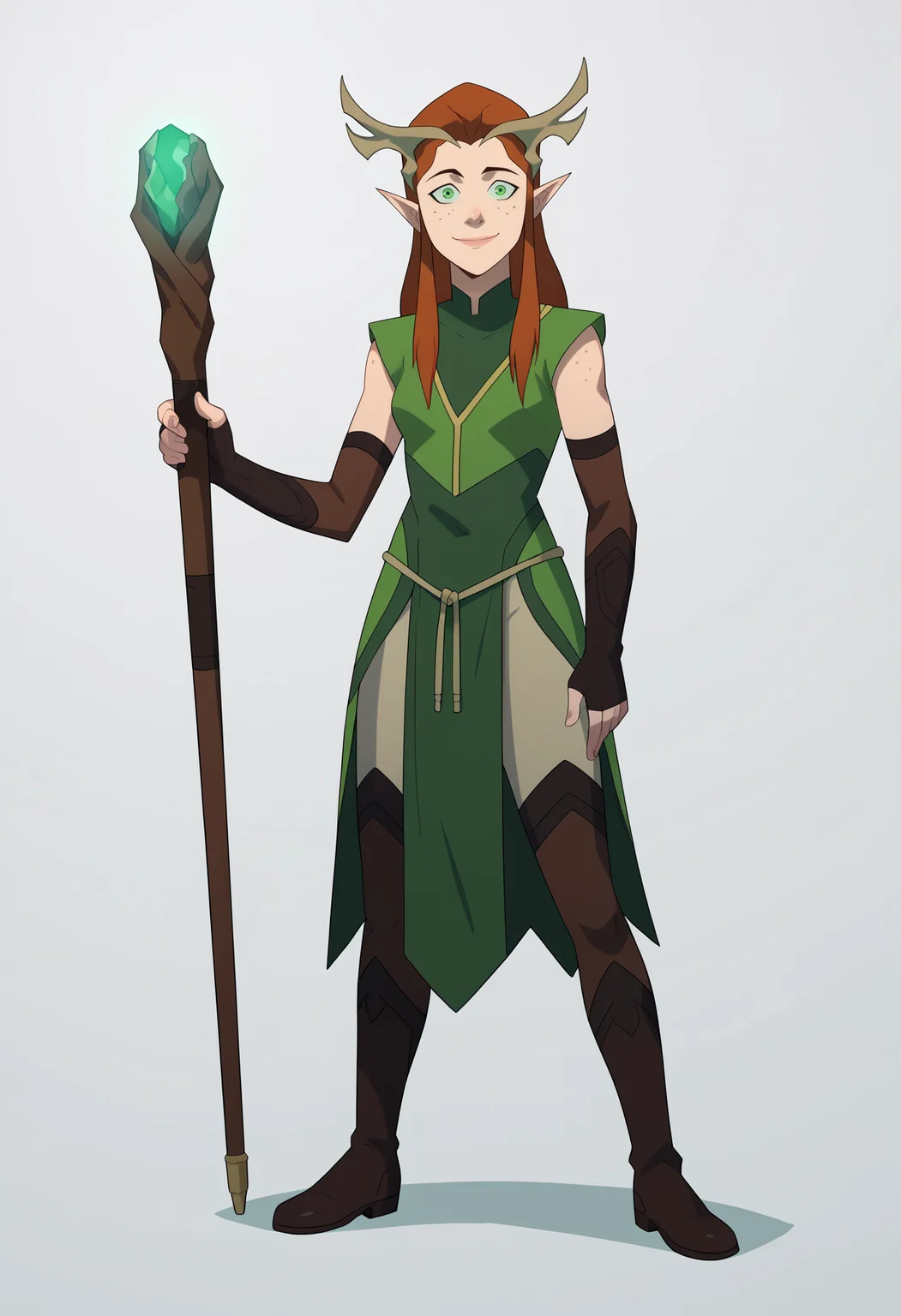 score_9, score_8_up, score_7_up, BREAK,
1girl, keyleth, ginger hair, green eyes, long hair, pointy ears,
antlers crown, freckles,
fingerless elbow gloves, green short robe, thighhighs, boots,
holding staff,
full body, standing, smile, solo, looking at viewer, simple background, white background <lora:KeylethPDXL_byKonan:1>