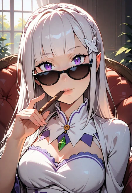 1girl, solo, emilia \(re:zero\), upper body, looking at viewer, smoking cigar, looking over eyewear, sunglasses, chaise longue, indoors, sidelighting, dark, masterpiece, best quality, very aesthetic, absurdres, re:zero kara hajimeru isekai seikatsu