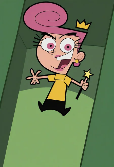 score_9, score_8_up, score_7_up, score_6_up, score_7_up,source_cartoon BREAK wanda, solo, pink hair, earrings, jewelry, wand, pink eyes, open mouth, 1girl, BREAK girl flirting,flying, indoors,bedroom,looking at viewer, cowboy shot, dutch angle