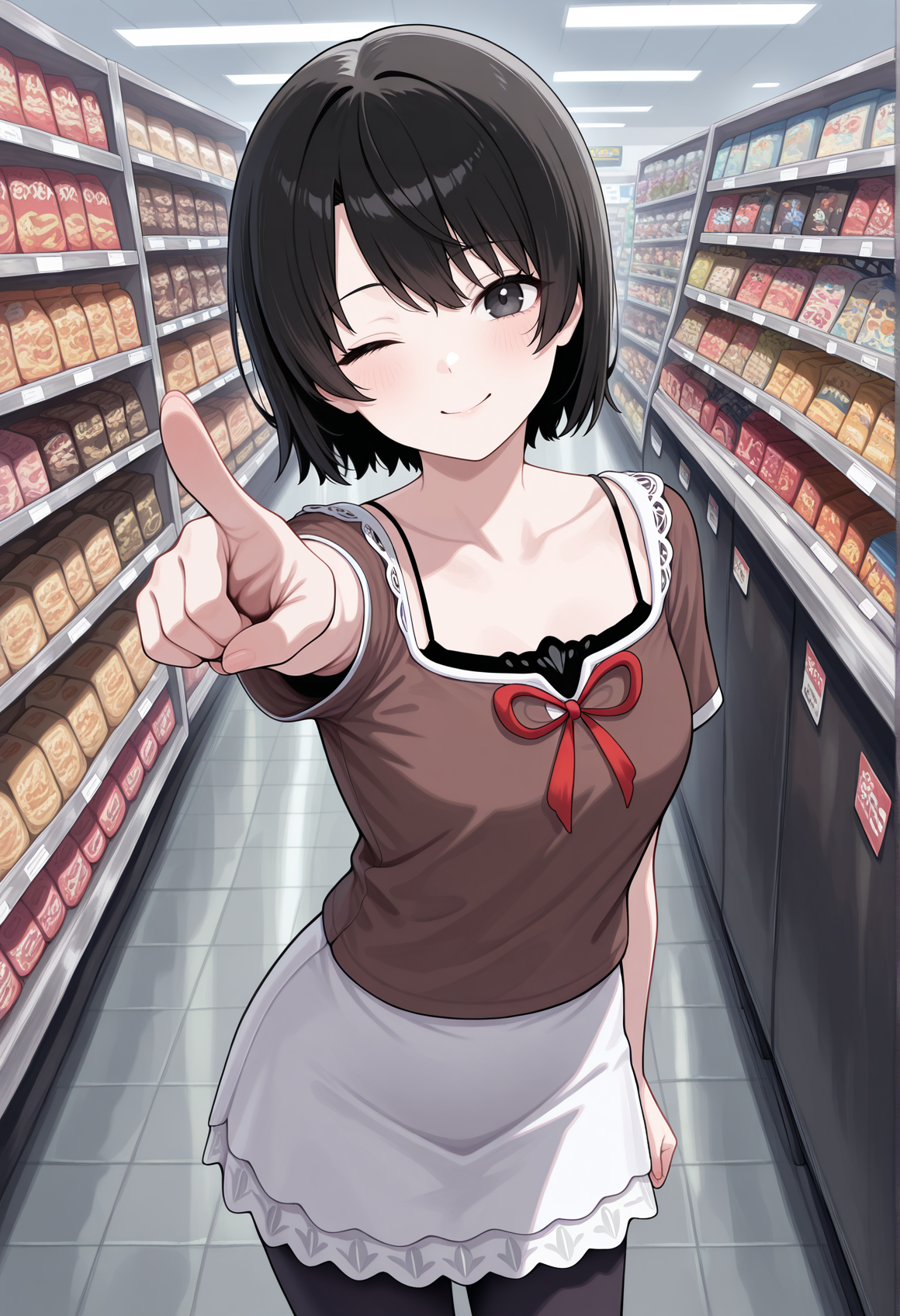 looking at viewer, 1girl, solo, mio, sshort hair, black hair, black eyes, brown shirt, ribbon, white skirt, skirt, brown sleeves, camisole, leggings, standing, smile, pointing at viewer, wink, outdoors, shopping hall  <lora:Miu_and_Mayu_fatal_frame:1>, masterpiece, best quality, amazing quality, very aesthetic, absurdres, highres, newest