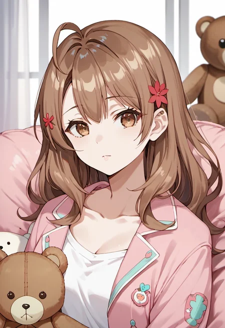 score_9, score_8_up, score_7_up, source_anime,maria mikhailovna kujou, brown hair, long hair, brown eyes, 1girl, teddy bear, hair ornament, solo, stuffed toy, stuffed animal, hair flower, looking at viewer, flower, collarbone, jacket, pink jacket, anime coloring