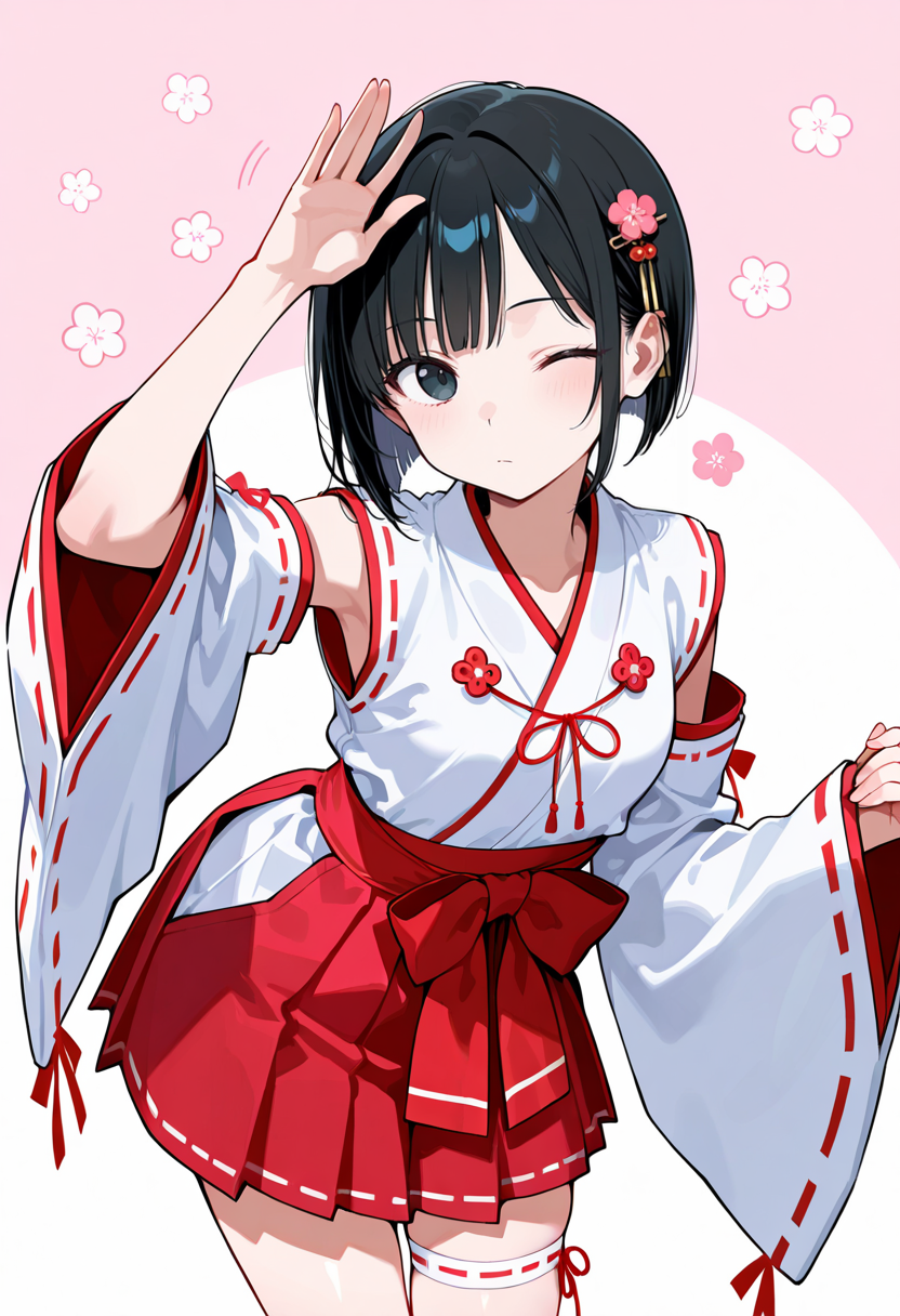 best quality, amazing quality cowboy shot, simple background,((outlined outlined vector graphics)),  beautiful scenery,  front view ,  looking at viewer ,
1girl, 20yo, black hair, black eyes, short bob hair, hair pin,small breast, slender,(white thigh strap:1.1), cute face,
 pink clothes, pink skirt, expressionless ,  wink, miko , miko-cosplay   , detached sleeves, wide sleeves,   jumping,  leaning forward , arm up ,  , kawaii, flowers,  <lora:miko-cosplay-il-01:0.8>