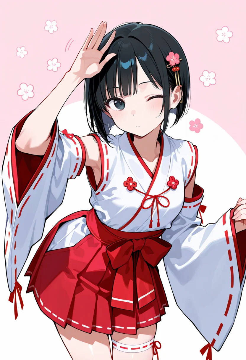 best quality, amazing quality cowboy shot, simple background,((outlined outlined vector graphics)),  beautiful scenery,  front view ,  looking at viewer ,
1girl, 20yo, black hair, black eyes, short bob hair, hair pin,small breast, slender,(white thigh strap:1.1), cute face,
 pink clothes, pink skirt, expressionless ,  wink, miko , miko-cosplay   , detached sleeves, wide sleeves,   jumping,  leaning forward , arm up ,  , kawaii, flowers,  <lora:miko-cosplay-il-01:0.8>
