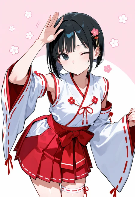 best quality, amazing quality cowboy shot, simple background,((outlined outlined vector graphics)), beautiful scenery, front view , looking at viewer ,
1girl, 20yo, black hair, black eyes, short bob hair, hair pin,small breast, slender,(white thigh strap:1.1), cute face,
pink clothes, pink skirt, expressionless , wink, miko , miko-cosplay , detached sleeves, wide sleeves, jumping, leaning forward , arm up , , kawaii, flowers, <lora:miko-cosplay-il-01:0.8>