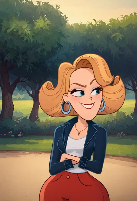score_9, score_8_up, score_7_up, ultra quality, solo, 1girl, hoop earrings, red pants, blue jackets, Kitty Cartwright, short blond hair, smug smile, face focus, big hips, huge butt, bubble butt, curvy, narrow waist, standing, upper body, front view, looking to the viewer, close up,