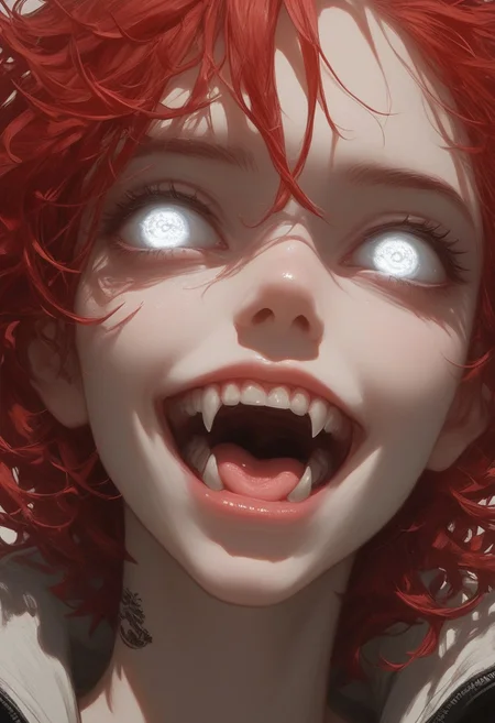 newest, safe, score_9, score_8, score_7, score_6, (masterpiece), high detail, best quality, stunning details, portrait, close up face, white eyes, glowing eyes, mouth open, fangs, glowing tattoo,
BREAK 1girl, red hair, messy hair