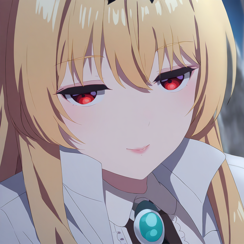 newest,absurdres,masterpiece,highres,<lora:yue-step00002000:1>,yue,red eyes,blonde hair,lips,seductive_smile,