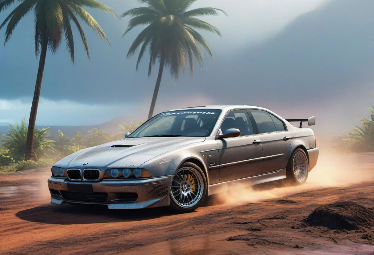 BMW e39 3, scratches, rainbow dust, fog, dirt, very beautiful, car on the island, by the fire, against the backdrop of a palm tree, the car is covered in mud and creaks, water on the ground, 3d rendering, cyberpunk, car with an American sports cars, street racing, perfect image, vibrations, game asset , symmetrical, tuner, modified car, wide body, tram, street racing, 4k, modding culture, photorealistic, high detail, game ready, other car racing, city life