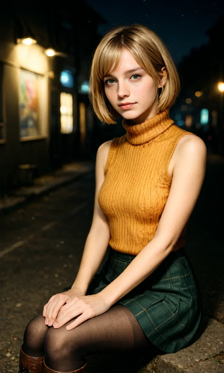 embedding:Stable_Yogis_Illustrious_Positives, RAW photograph, photorealistic, masterpiece, 1girl, solo, ashley graham, blonde hair, bob cut, green eyes, turtleneck sweater, orange sleeveless sweater, green skirt, pantyhose, outdoors, night, hands on knees, brown boots, looking at viewer, leaning forward, closed mouth,<lora:ashley_graham_sdxl.safetensors:1.0:1.0>