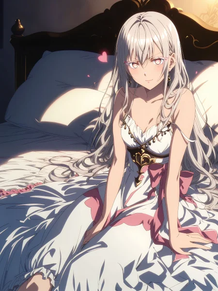score_9,score_8_up,score_7_up,score_6_up,source_anime, shiny, shiny skin, <lora:MeMaXLV3_TypeB_AutismMix:0.8>, GLSHS, <lora:GLSHS-3e:0.6>, by toosakaasagi, <lora:Toosaka-Asagi-Style-PonyXL-000036:0.8>,
1girl, solo, dress, long_hair, sitting, breasts, white_dress, heart, hair_between_eyes, small_breasts, looking_at_viewer, smile, very_long_hair, bare_shoulders, strap_slip, collarbone, bangs, eyebrows_visible_through_hair, between_legs, closed_mouth, sleeveless_dress, sleeveless, hand_between_legs, pillow, pink_eyes, silver_hair, on_bed, blush, feet_out_of_frame, bare_arms, bed_sheet, bed, white_hair, sitting_on_bed, heart-shaped_pupils, cleavage, colored eyelashes, 
, japanese, ultra detailed, serious, best quality, amazing quality, very aesthetic, absurdres, masterpiece, best quality,spotlight,masterpiece, best quality, high quality, highres, absurdres, caustics, offcial art, anime screencap,