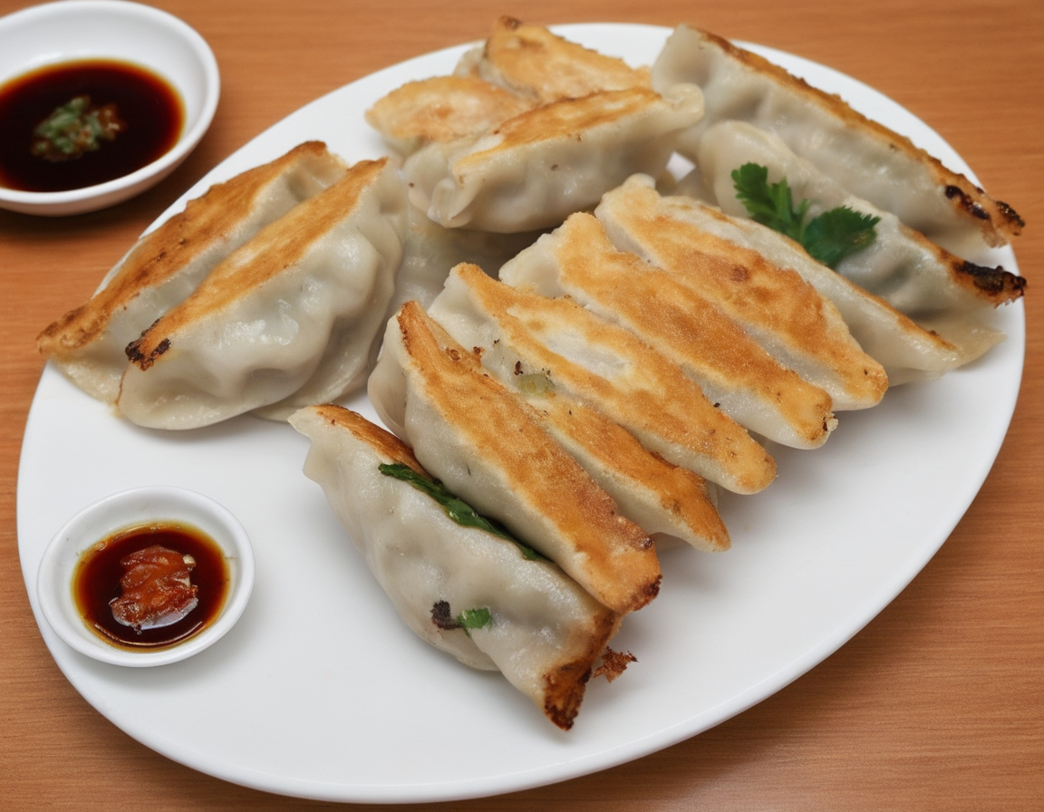 A delectable presentation of gote (dumplings) beautifully arranged on a plate. The gote are golden brown, freshly cooked with visible pleats, and garnished with herbs or a dipping sauce. The plate is set on a table with elegant tableware, perhaps with chopsticks or a traditional serving spoon. The scene should be as vivid and appetizing as a high-resolution photograph in a gourmet magazine, with warm and inviting lighting that emphasizes the texture and color of the gote , the shine of the sauce, and the elegance of the presentation, <lora:GT:0.75>,