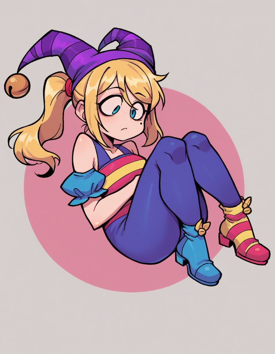 zPDXL, score_9, score_8_up, score_7_up, source_anime,
1girl, solo, expressionless, (child carry), jester wearing a jester hat with bells, striped dress with ribbons, colorful jester shoes , Samus, blonde hair, ponytail, mole under eye,
<lora:valbun_v2:0.8> valbun,