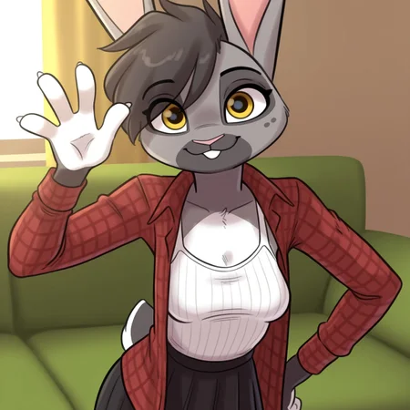 uncensored, masterpiece, best quality, highly detailed, 1girl, solo, CatherineHopps, female furry, anthro, lagomorph, bunny, pink inner ear, black hair, very short hair, pink nose, yellow eyes, black pupils, grey body, grey fur, multicolored body, buckteeth, small breasts, tail, (white tank top, red shirt, open shirt, checkered shirt, black skirt) smile, closed mouth, buckteeth, looking at viewer, standing, upper body, living room, window, indoors, (front view), detailed background, three-quarter portrait, (waving, 4 fingers, short female, short), morning, green couch, eyes visible through hair, white palms, hand on hip, white claws