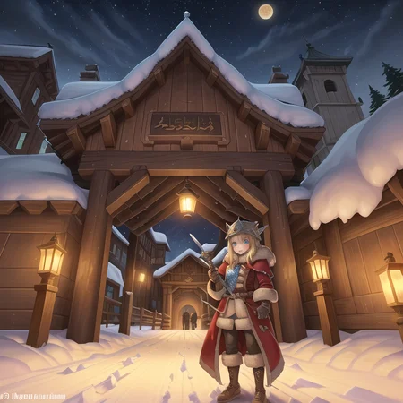 masterpiece, (wooden palisade), (((large ancient wooden city entrance gates))), ((standing at the city gates)), (guarding city gates), night, snow, ice, outdoors, detailed face, simple iron helmet, (full_body), night sky with stars, ((child girl)), fur mittens, ((holding old oil lantern)), (sword on hip), messy blond hair, blue eyes, ((ancient fur clothes)), intricate details, cinematic lighting, stunning environment