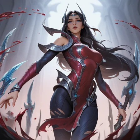 masterpiece, best quality, absurdres, highres, ireliadefault, 1girl, torn clothes, torn dress, red dress, silver armored dress, silver diadem, silver hair ornament, bare shoulders, detached sleeves, black hair, long hair, blue eyes, blood, floating blades, silver blades, bloody blades, <lora:Irelia:1>