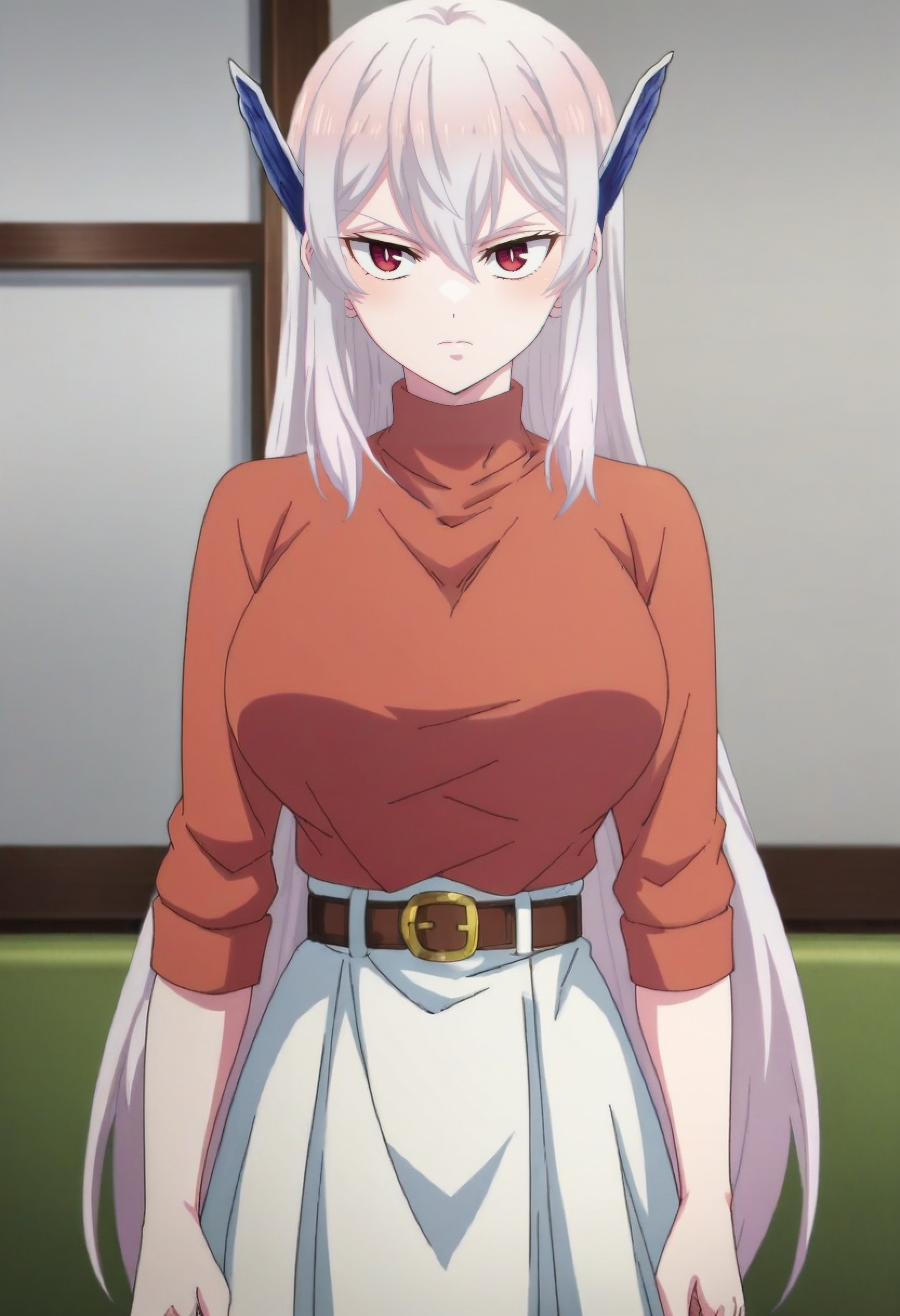 kyouka uzen, long_hair, 1girl, solo, white_hair, red_eyes, hair_between_eyes, large_breasts,   looking at viewer, belt, white_skirt, red_shirt, sweater,<lora:Kyouka UzenXL:1>, score_9, score_8_up, score_7_up, score_6_up, score_5_up, score_4_up ,BREAK source_anime, anime