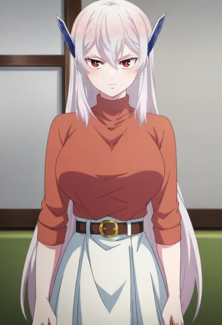 kyouka uzen, long_hair, 1girl, solo, white_hair, red_eyes, hair_between_eyes, large_breasts, looking at viewer, belt, white_skirt, red_shirt, sweater,<lora:Kyouka UzenXL:1>, score_9, score_8_up, score_7_up, score_6_up, score_5_up, score_4_up ,BREAK source_anime, anime