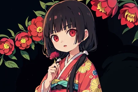 enma ai, hair down, hair black, bangs, eyes red, masterpiece, best quality, ultra-detailed, illustration, 1girl, solo, highres, photorealistic, ultra high res, (Original illustration composition), (fusion of limited color,Maximalism artstyle, kimono obi fashion, double exposure, background, illustration, Amazing, lily spider, night darkness, open one's mouth, finger, bouquet flowers red, low twintails, (polychromatic peony:1.15), Movie poster,