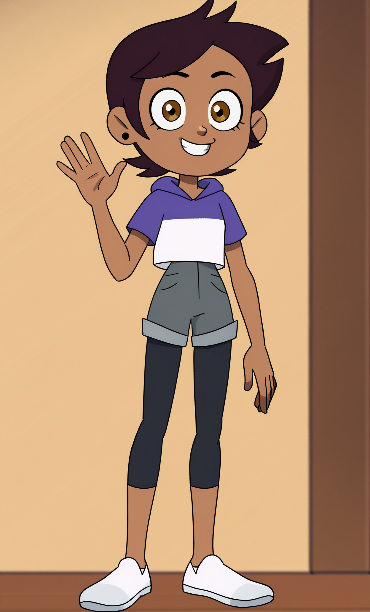 masterpiece, high quality, score_9, score_8_up, luz_noceda_oh, 1girl, solo, dark skin, dark-skinned female, brown hair, black leggings, Grey shorts, brown eyes, short hair, regularluz, white footwear, cute, good hands, smile, vector, flash,   ,, <lora:Pony_QualityV4.0:1>,<lora:Vector_Flash_animation_style:1>,<lora:Luz_Noceda:0.85>